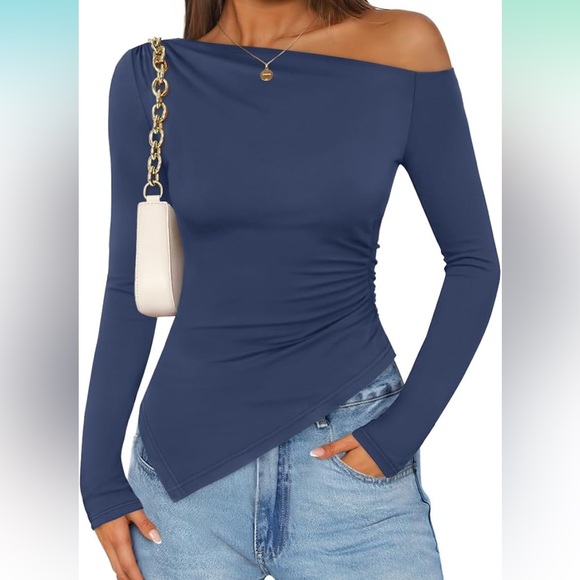 Zesica Tops - Chic Off-Shoulder Navy Women's Blouse
